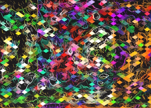 psychedelic geometric pixel abstract pattern in red blue green yellow orange black Mural by Timmy333