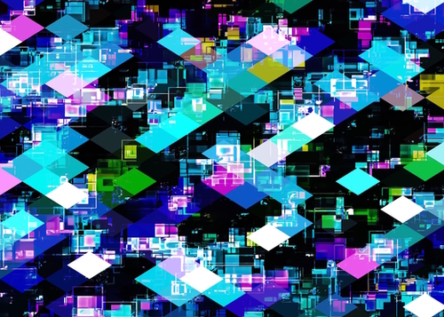 psychedelic geometric square pixel pattern abstract in blue yellow pink Mural by Timmy333
