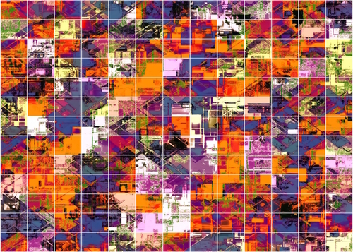 psychedelic geometric square pattern painting abstract background in orange blue pink red Mural by Timmy333