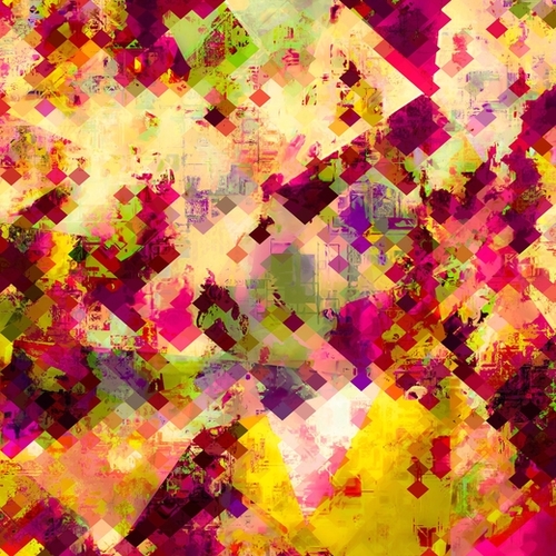 geometric square pixel pattern abstract in pink yellow purple Mural by Timmy333