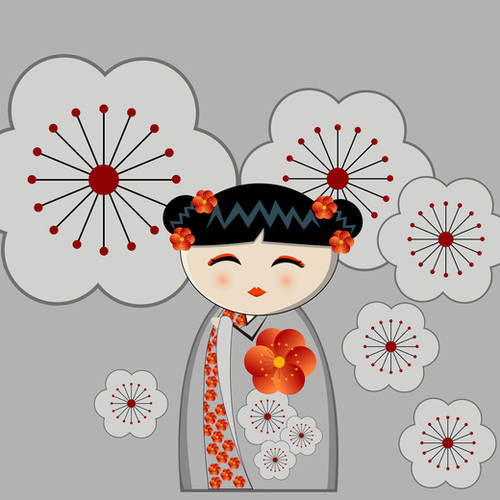 Orange and grey kokeshi Mural by PIEL Design
